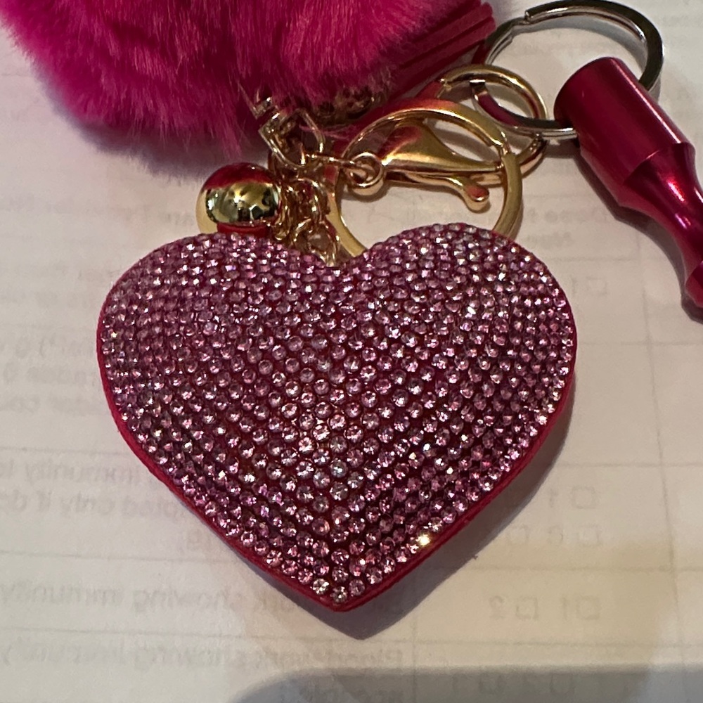 Self defense Pink Heart Keychain with Pom Pom - Picture 3 of 6